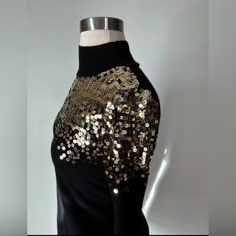 Boston Proper Black Mock Neck Sweater with Gold Sequin Detail Size XS - Picture 3 of 4